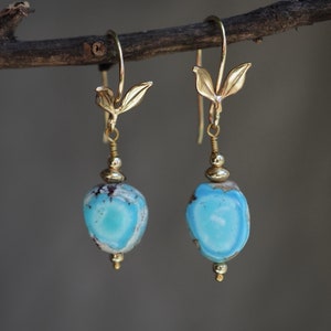 14k Turquoise Earrings, Golden Hills Turquoise Dangle, Lavender Turquoise Nugget, Small Dangle Earrings, Freeform Mismatched Gold Earrings image 1