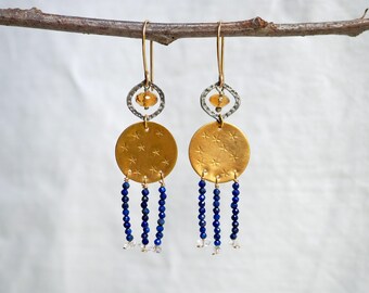 Hand Stamped Golden Brass Celestial Disc Star Earrings with Lapis Lazuli and Herkimer Quartz