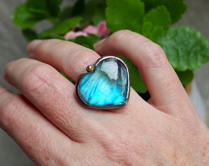 Featured listing image: True Blue Labradorite Heart Ring with 14k Gold Orb