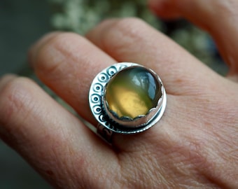Glowing Large Green Moonstone Ring, Hand Stamped Sterling Silver - Size 8.75
