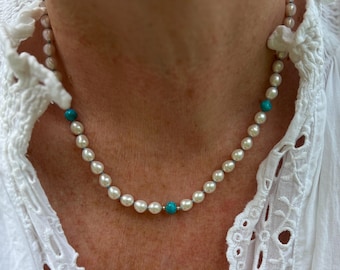 Knotted White Pearls and Turquoise Necklace with 14k Clasp