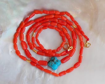 Natural Red Italian Coral Necklace with 18k Gold Beads and Blue Turquoise Clover