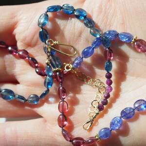 Multi Gem Necklace, Kyanite Garnet Tanzanite Tourmaline Ruby, Gold Gem Necklace, Candy Style Knotted Blue and Red Beads, Mixed Gem Necklace image 7