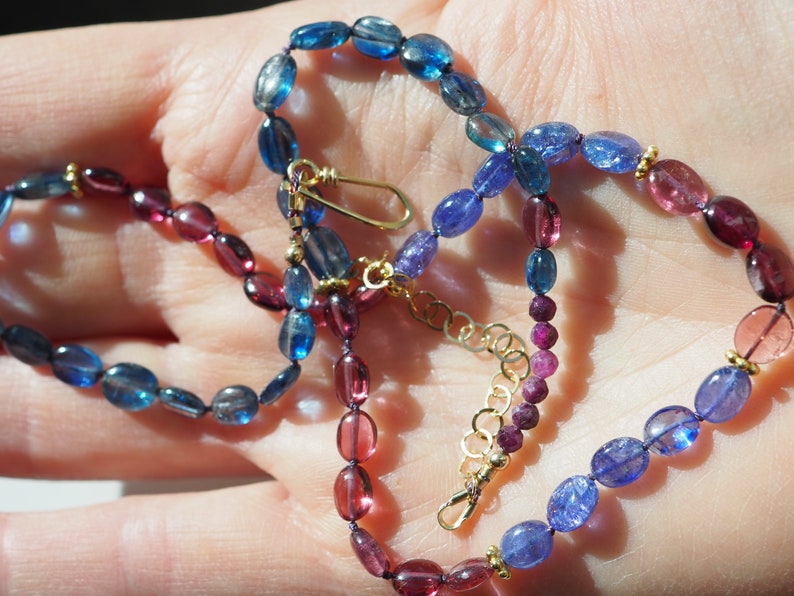 Multi Gem Necklace, Kyanite Garnet Tanzanite Tourmaline Ruby, Gold Gem Necklace, Candy Style Knotted Blue and Red Beads, Mixed Gem Necklace image 7