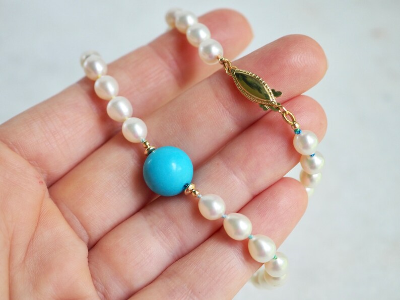 White Pearl Choker, Pearls and Turquoise necklace, Gold Pearl Necklace, Knotted Pearls 14k, Wedding Necklace, Rainbow Silk Pearls image 9