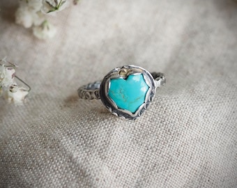 Little Turquoise Heart Ring, Hand Stamped Silver with 14k Gold Dot