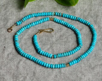 Turquoise Beaded Necklace, Gold Kingman Turquoise Necklace, Candy Style American Turquoise, 17” Layer Turquoise Beads, 14k Beaded Necklace