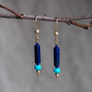 Lapis Lazuli Earrings, Lapis and Turquoise, Lapis Dangle, Drop Earrings with Gems, Lapis Turquoise Earrings, Gold Lapis Earrings, Blue Gem image 2