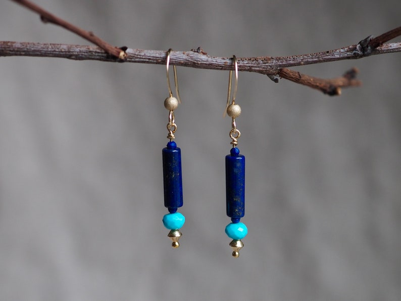 Lapis Lazuli Earrings, Lapis and Turquoise, Lapis Dangle, Drop Earrings with Gems, Lapis Turquoise Earrings, Gold Lapis Earrings, Blue Gem image 2