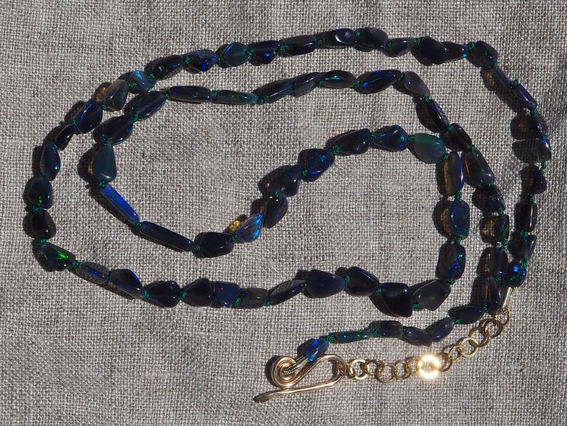 Opal Nugget Necklace Gold Hand-Knotted Silk, Candy Style Beads, Gem Candy Necklace, Graduated Black Opal, Dark Blue Opal Layering Necklace image 4