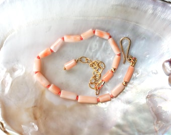 Natural Japanese Pink Momo Coral Hand Knotted Silk Bracelet, Gold Clasp Adjustable 6-8" Length