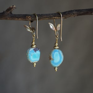 14k Turquoise Earrings, Golden Hills Turquoise Dangle, Lavender Turquoise Nugget, Small Dangle Earrings, Freeform Mismatched Gold Earrings image 10