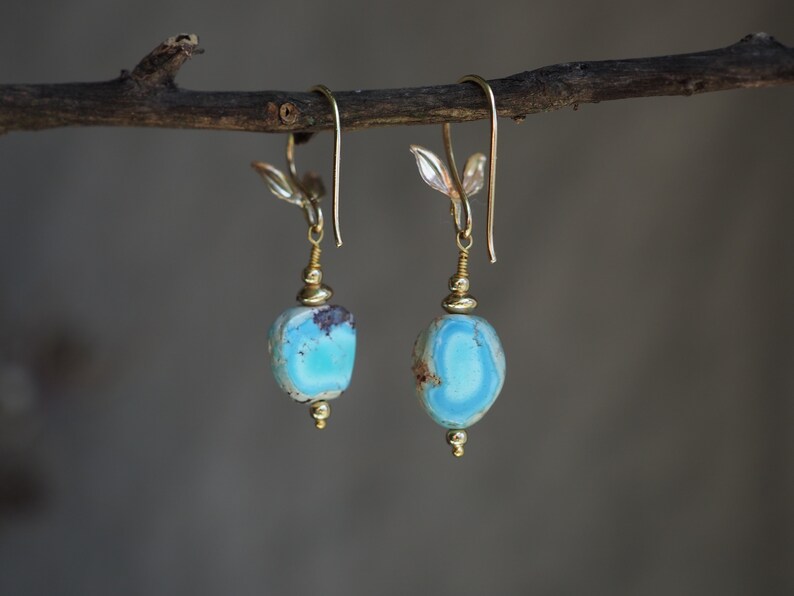 14k Turquoise Earrings, Golden Hills Turquoise Dangle, Lavender Turquoise Nugget, Small Dangle Earrings, Freeform Mismatched Gold Earrings image 10
