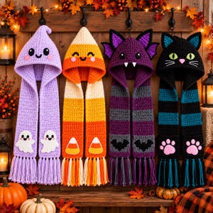 May include: Four crocheted hooded scarves with Halloween themes. The first is a light purple ghost design, the second is a yellow, orange, and white candy corn pattern, the third is a purple bat with wings, and the fourth is a black cat with teal ears.