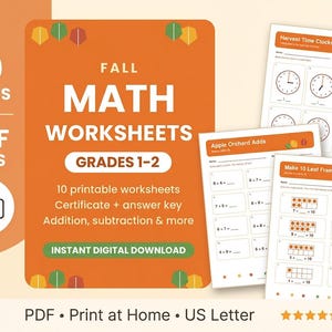 Könnte beinhalten: Ein Set aus 10 druckbaren Mathe-Arbeitsblättern für den Herbst für die Klassen 1-2 im PDF-Format. Das orangefarbene Deckblatt enthält den Text Fall Math Worksheets Grades 1-2, während die Beispielseiten Harvest Time Clocks, Apple Orchard Adds und Make 10 Leaf Frames zeigen.