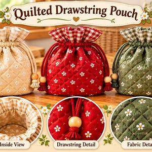 Modello per pochette trapuntata con coulisse, pochette rotonda in tessuto in formato PDF, modello per volant a quadretti, modello per pochette trapuntata, PDF digitale