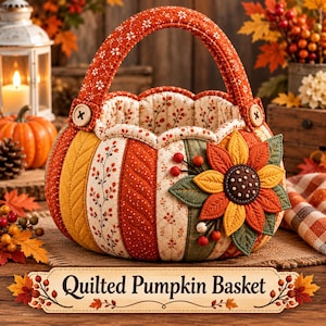 May include: A quilted pumpkin basket featuring vertical panels in orange, yellow, and cream with floral and leaf patterns. The basket has a curved handle attached with wooden buttons and a large fabric sunflower appliqué on the side.
