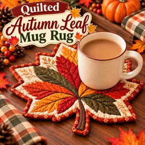 May include: A quilted mug rug shaped like a maple leaf with a patchwork design in shades of red, orange, yellow, and dark green, featuring a cream-coloured ceramic mug filled with a light brown beverage resting on its surface.