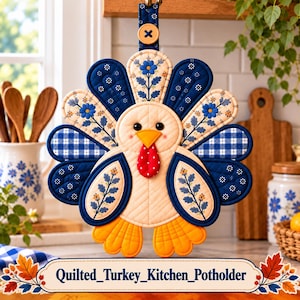 May include: A quilted turkey kitchen potholder featuring a cream-colored body, orange feet, and a red wattle. The tail feathers are decorated with blue and white floral patterns and plaid designs. A blue hanging loop with a wooden button is at the top.