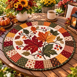Puede incluir: Un mantel individual redondo de tela acolchada con un panel central color crema que presenta un diseño aplicado de hojas de arce otoñales en tonos rojo, naranja y verde, acentuado por pequeñas bayas naranjas y un borde de cuadrados de patchwork.