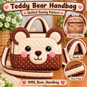 May include: A quilted teddy bear handbag sewing pattern featuring a brown and cream bear-shaped bag with black button eyes, pink cheeks, and a brown nose. The image includes text labels for the bag, handle, and strap, plus the title Teddy Bear Handbag Quilted Sewing Pattern and KMS_Bear_Handbag.