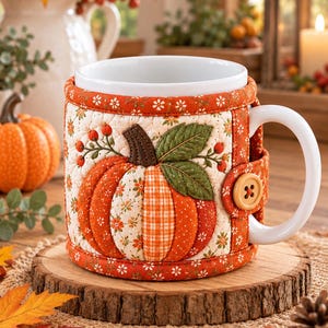 Pode incluir: Uma caneca de cerâmica branca com uma capa de tecido acolchoado removível. A capa laranja com padrão floral apresenta um aplique central de abóbora com folhas verdes, um caule castanho e um fecho de botão de madeira na lateral.