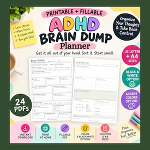 Printbare planner voor het opschrijven van ideeën voor ADHD | Invulbaar werkblad voor een digitale planner | Planner om ADHD-overweldiging te verminderen | Dagelijkse productiviteitsplanner met takenlijst