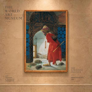 May include: A framed print of The Tortoise Trainer by Osman Hamdi Bey, 1906. The painting depicts a figure in a red robe and turban holding a flute, standing before a blue-tiled archway with several tortoises on the floor. Text includes The World Art Museum.