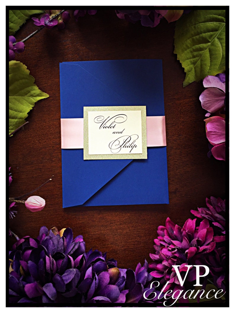 Gorgeous Navy Blue And Blush Pink Floral Watercolor Wedding Invitation Ewdk002