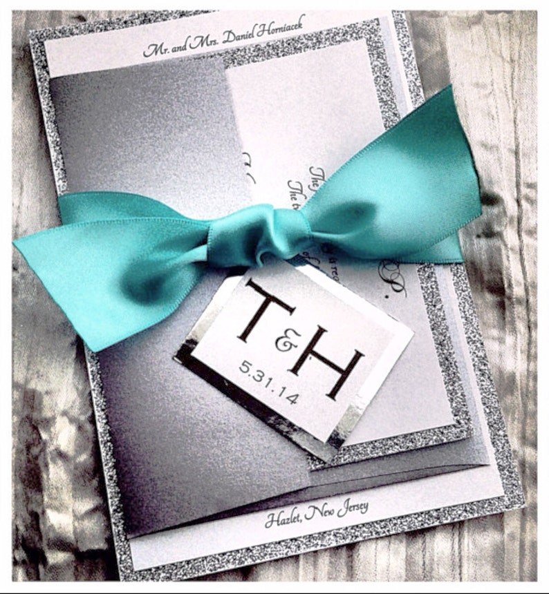 Teal Wedding Invitations Silver Glitter Wedding Invitation image 0