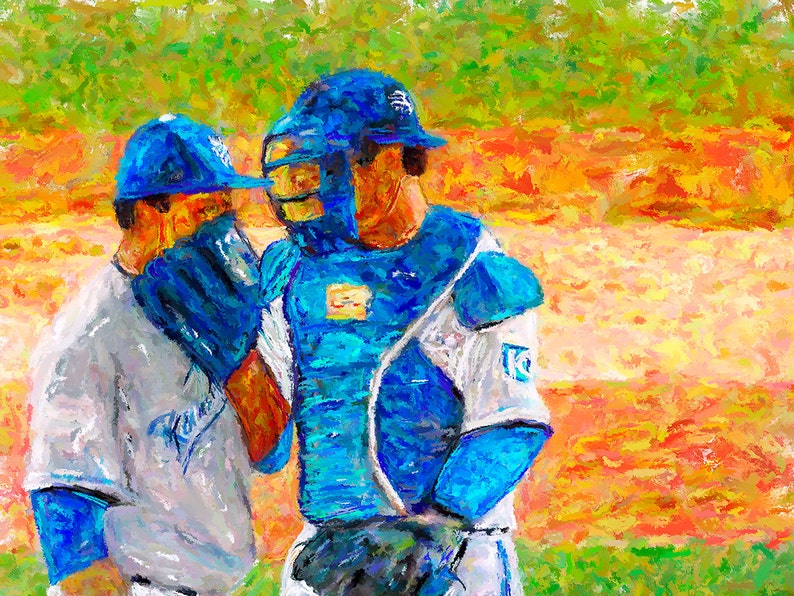 Baseball Pitcher Catcher Meeting at Mound Fine Art Canvas Print Digital