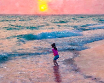 Beach Landscape Sun Water Girl Canvas Fine Art Digital Painting Home Decor Wall Art Contemporary Art