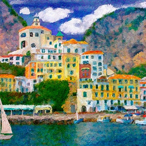 Italian Port Canvas Print Mountains Boats Sea Digital Painting Fine Art Home Decor Wall Art