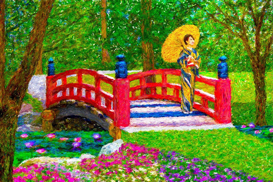 Japanese Geisha in Komono on Bridge Canvas Print Fine Art Wall Art Home