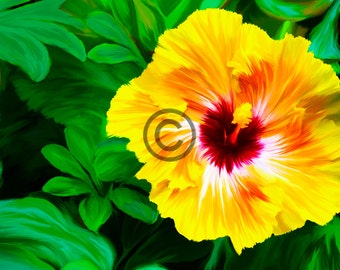 Yellow Hibiscus Flower Giclee Fine Art Print On Canvas Digital Painting Home Decor Wall Art Contemporary Art