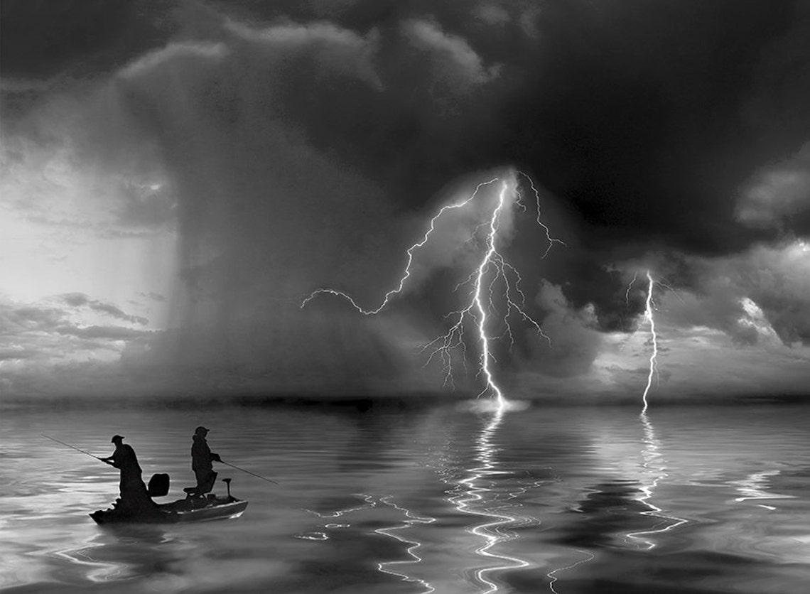Fishing in Lightning Storm Water Boat Fine Art Photograph Black and
