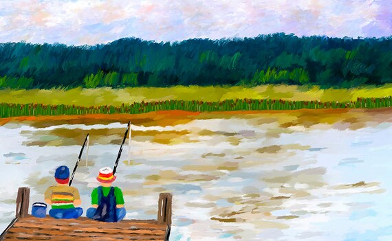 Boys Fishing off Dock Summer Fun Canvas Fine Art Print Home Decor