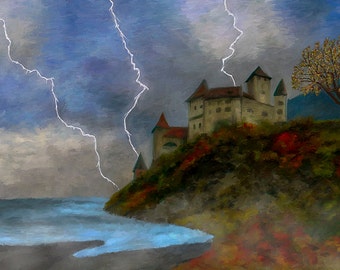 Castle On A Cliff Canvas Fine Art Print Lightening Stormy Home Decor Wall Art Digital Painting