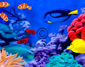 Tropical Fish Aquarium Giclee Fine Art Print On Canvas Contemporary Art Home Decor Digital Painting