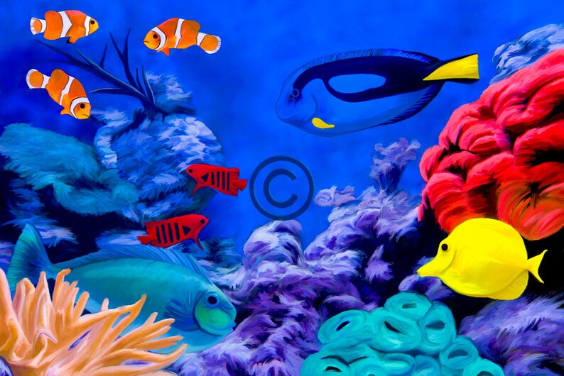 Tropical Fish Aquarium Giclee Fine Art Print On Canvas Contemporary Art Home Decor Digital Painting image 1