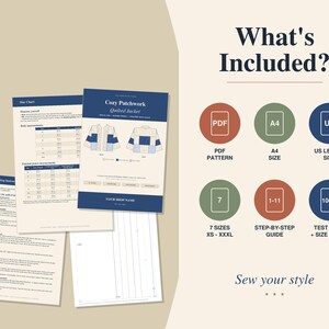 K&ouml;nnte beinhalten: Ein digitales Schnittmuster f&uuml;r eine Patchwork-Steppjacke, inklusive Gr&ouml;&szlig;entabelle, Schritt-f&uuml;r-Schritt-Anleitung und Layout-Seiten. Symbole zeigen das PDF-Format, A4- und US-Letter-Gr&ouml;&szlig;en, 7 Gr&ouml;&szlig;en von XS bis XXXL sowie eine 10-cm-Testseite an.