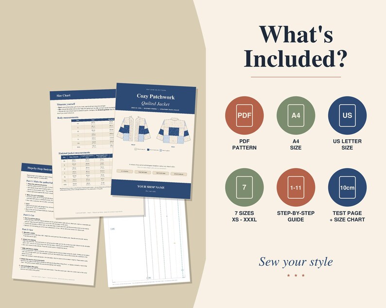 K&ouml;nnte beinhalten: Ein digitales Schnittmuster f&uuml;r eine Patchwork-Steppjacke, inklusive Gr&ouml;&szlig;entabelle, Schritt-f&uuml;r-Schritt-Anleitung und Layout-Seiten. Symbole zeigen das PDF-Format, A4- und US-Letter-Gr&ouml;&szlig;en, 7 Gr&ouml;&szlig;en von XS bis XXXL sowie eine 10-cm-Testseite an.