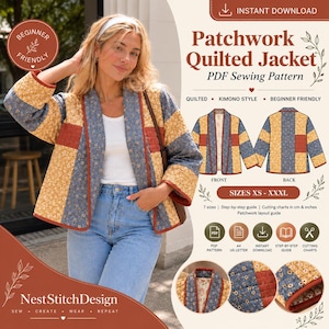 Beginner Friendly Quilted Jacket Sewing Pattern, Patchwork Kimono Cardigan (PDF)