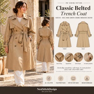 May include: A PDF sewing pattern for a Classic Belted Trench Coat. The design features a double-breasted front, storm flap, epaulettes, cuff straps, and in-seam pockets. Includes front and back technical illustrations, size range XS to XXXL, and a wide convertible collar. The pattern is available for instant download.