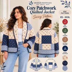 K&ouml;nnte beinhalten: Ein Schnittmuster f&uuml;r eine gesteppte Jacke mit dem Titel Cozy Patchwork Quilted Jacket. Das Design zeigt ein Patchwork aus cremefarbenen Blumen, dunkelblauen Blumen und blauem Vichy-Karo. Enth&auml;lt Vorder- und R&uuml;ckansichten sowie Gr&ouml;&szlig;en XS-XXL.