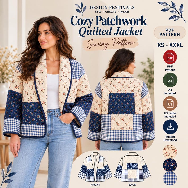 K&ouml;nnte beinhalten: Ein Schnittmuster f&uuml;r eine gesteppte Jacke mit dem Titel Cozy Patchwork Quilted Jacket. Das Design zeigt ein Patchwork aus cremefarbenen Blumen, dunkelblauen Blumen und blauem Vichy-Karo. Enth&auml;lt Vorder- und R&uuml;ckansichten sowie Gr&ouml;&szlig;en XS-XXL.