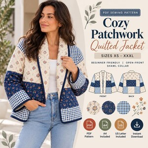 Patchwork-Steppjacken-Nähschnittmuster, Schalkragenmantel (PDF-Download)