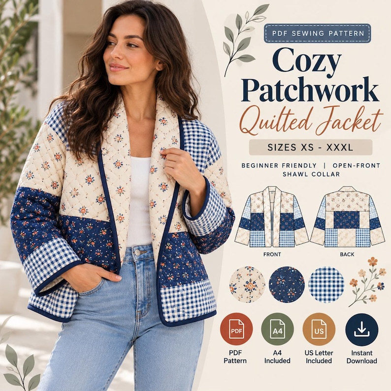 K&ouml;nnte beinhalten: Ein PDF-Schnittmuster f&uuml;r eine gesteppte Jacke mit dem Titel Cozy Patchwork Quilted Jacket. Das Design umfasst einen Schalkragen, eine offene Vorderseite und Patchwork-Eins&auml;tze mit Blumen- und Vichy-Karomustern.