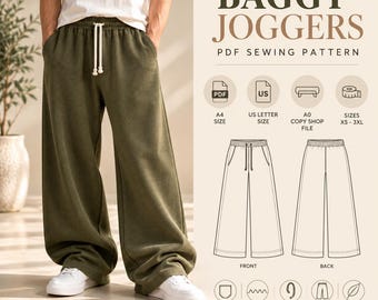 Könnte beinhalten: Olivgrüne, weit geschnittene Jogginghose mit elastischem Bund und weißem Kordelzug. Das Bild enthält den Text BAGGY JOGGERS PDF SEWING PATTERN sowie technische Strichzeichnungen der Vorder- und Rückansicht der Hose.