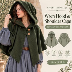 May include: A dark green hooded shoulder cape with two wooden toggle buttons at the neck. The text reads NestStitchDesign, Wren Hood & Shoulder Cape, PDF SEWING PATTERN, A4, US Letter, Instant Download, Step-by-Step Guide, Sizes S M L.